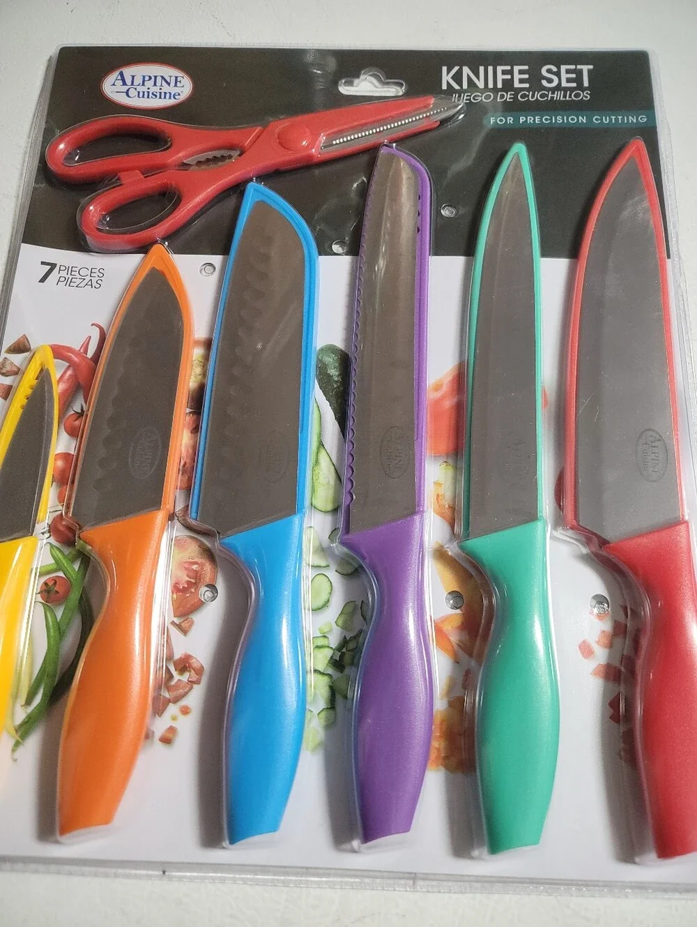 7-Piece Colorful Knife Set with Red Kitchen Shears